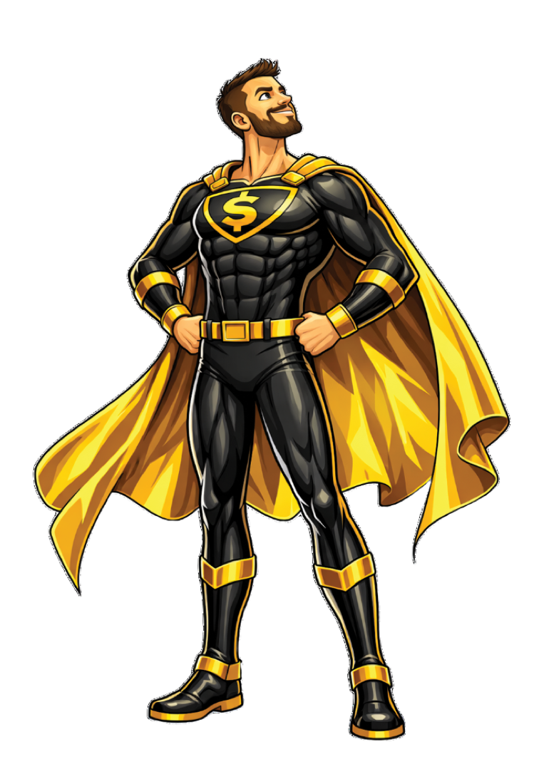 LendingMan, the mortgage superhero, standing in his black and gold suit and cape